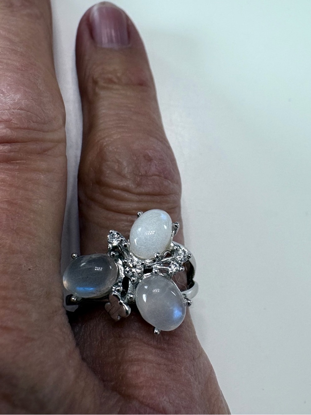 Moonstone Cluster Sterling Silver Ring - White/Blue Moonstone